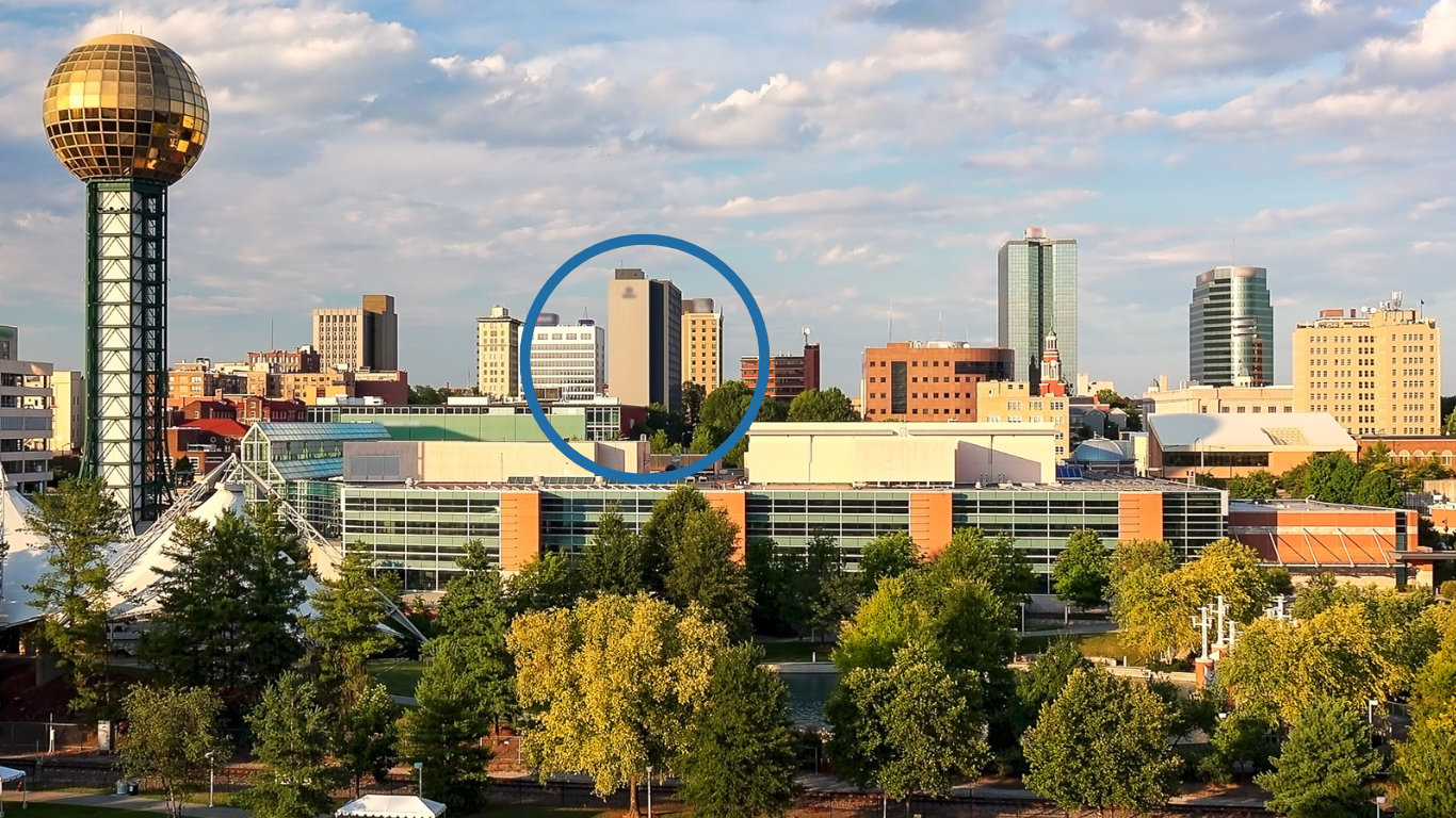 A circle highlighting which building is Hilton